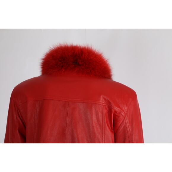 Vintage Red Leather Reversible Coat Fox Fur Collar Size M Luxury Retro Winter - Picture 14 of 16